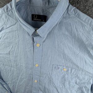 Fred Perry Button Up Shirt Men Blue Long Sleeve XL Cotton Pocket Logo Designer